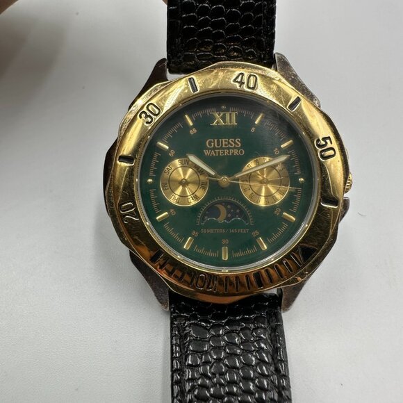 Vintage Guess Moon Phase Watch Men Gold Silver Tone Green Dial New Battery 8" - Picture 2 of 11